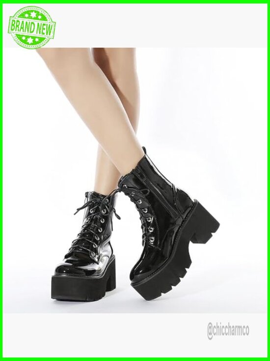 Women Leather Chunky Heel Combat Booties Platform Ankle Boots Lace Up Zip